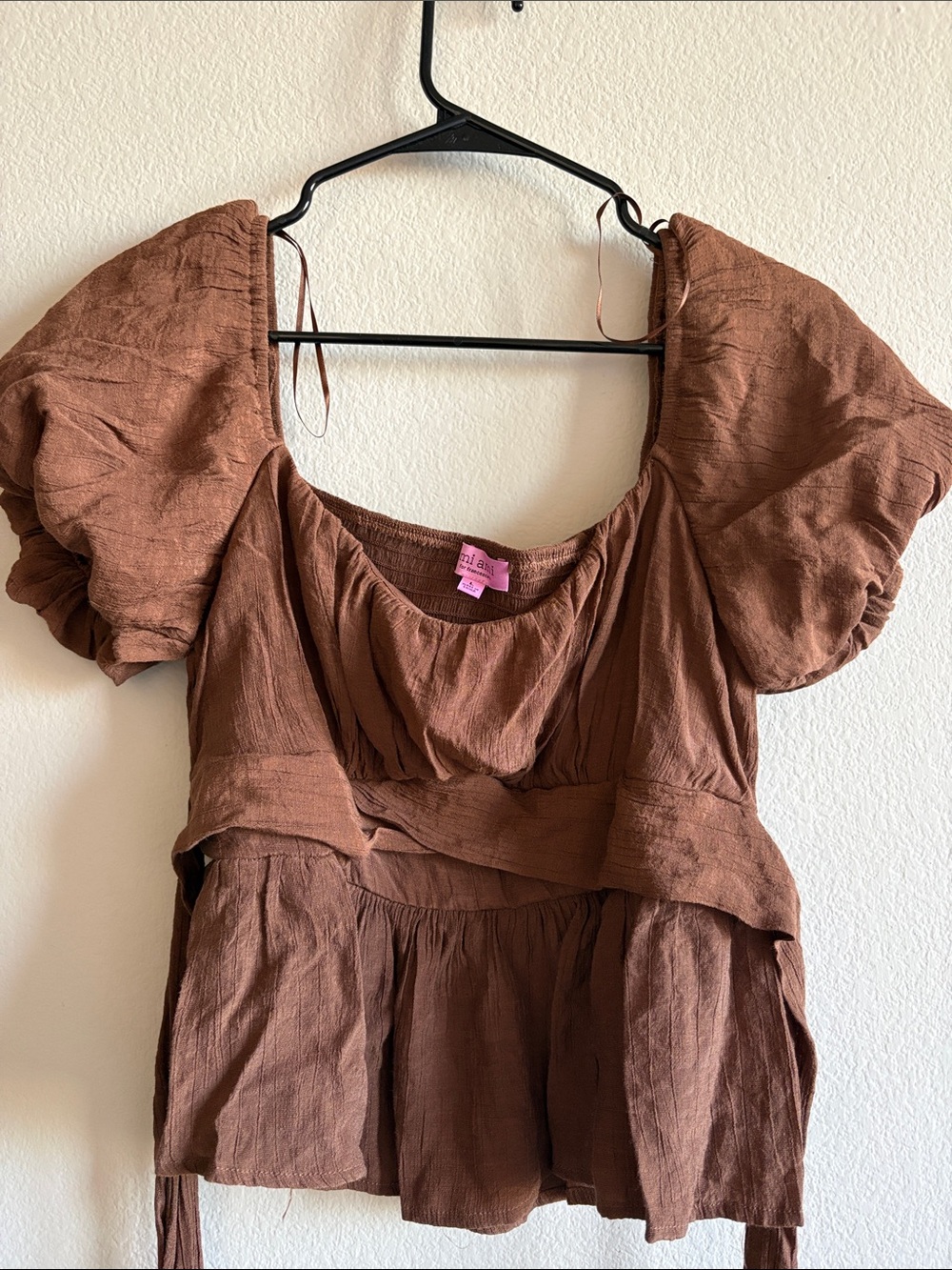 Francesca's Mi Ami Puff Sleeve Peasant Blouse Tie Back Square Neck Size L